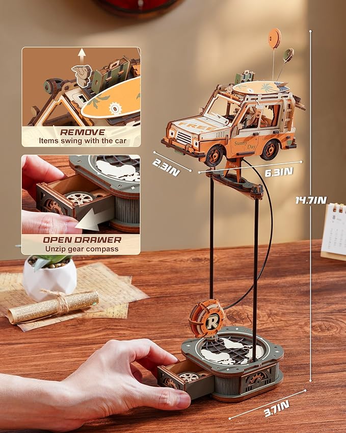 ROKR Pendulum Balance Toy, 3D Wooden Puzzles for Adults, Retro Road Tripper Car, DIY Craft Wood Puzzle Kit, Unique Gift for Men Women