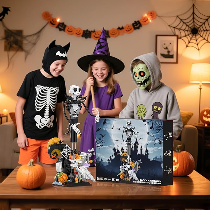 Horror Skull Building Set, Before Christmas Haunted House Building Blocks Set, Pumpkins and Skeleton Ghosts, Halloween Christmas Building Toys Gifts for Movie Fans Adults