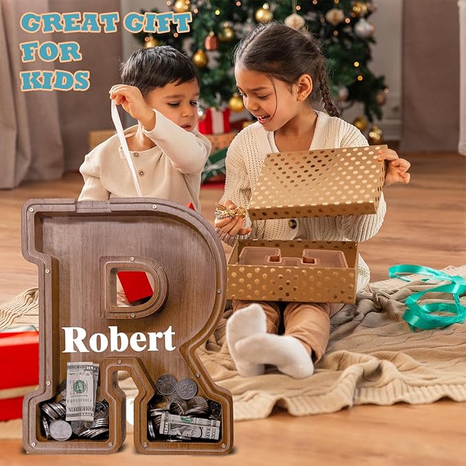 Wooden Letter Piggy Bank for Kids Larger Letter Piggy Bank for Boys and Girls Personalized Piggy Bank Initial Coin Bank Wood Kids Money Bank for Birthday and Festival
