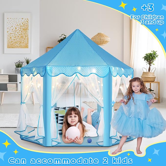 Monobeach Princess Castle Playhouse for Girls - Large Kids Tent with Star Lights for Indoor & Outdoor Play, 55'' x 53'' (DxH) (Blue Princess Tent with Little Star Lights)