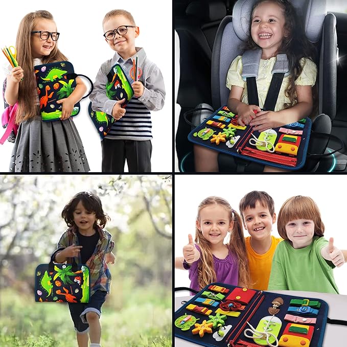 Busy Board - Dinosaur Montessori Toys for 3 4 5 Year Old - Sensory Toys for Autistic Children - Toddler Travel Toys - Busy Book for Toddlers Activities as Boys Girls Gift