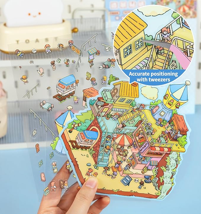 DIY 3D House Stickers, 4 Sets Fun DIY Stickers Scene Make Your Own Mini House Cute Cartoon Animal Scene Stickers for Kids Adult Sticker Art Relief Stress Pass The Time-Extral Large