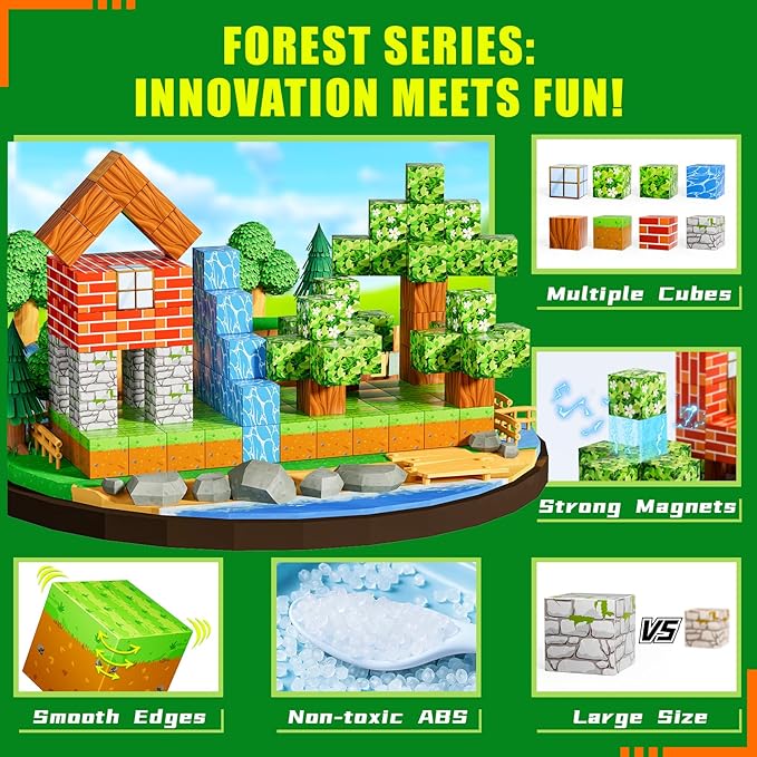 Magnetic Blocks-Build Mine Magnet World Edition, Magnetic Toys for Boys & Girls Age, STEM Montessori Sensory Toys for Toddlers-48pcs