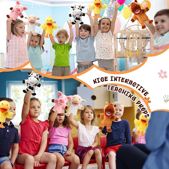 Lenwen 6 Pcs Operation Christmas Items Bulk Animal Hand Puppets with Working Mouth 10 Inches Plush Puppets for Toddler Kid Storytelling Imaginative Role Play Show Party Gifts(Farm Animal)