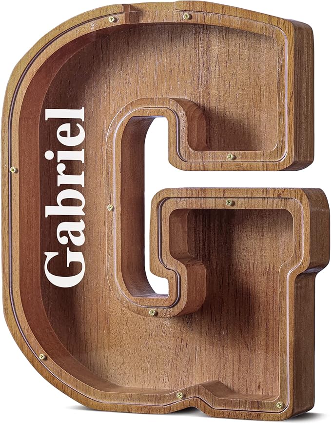Summidate Customized Name Extra Large Wooden Piggy Bank for Kids Boys Girls Alphabets Letter A-Z Coins Bills Money Change Saving Box Clear Cover (Laser Engraved) Educational Toys 12"- Letter G