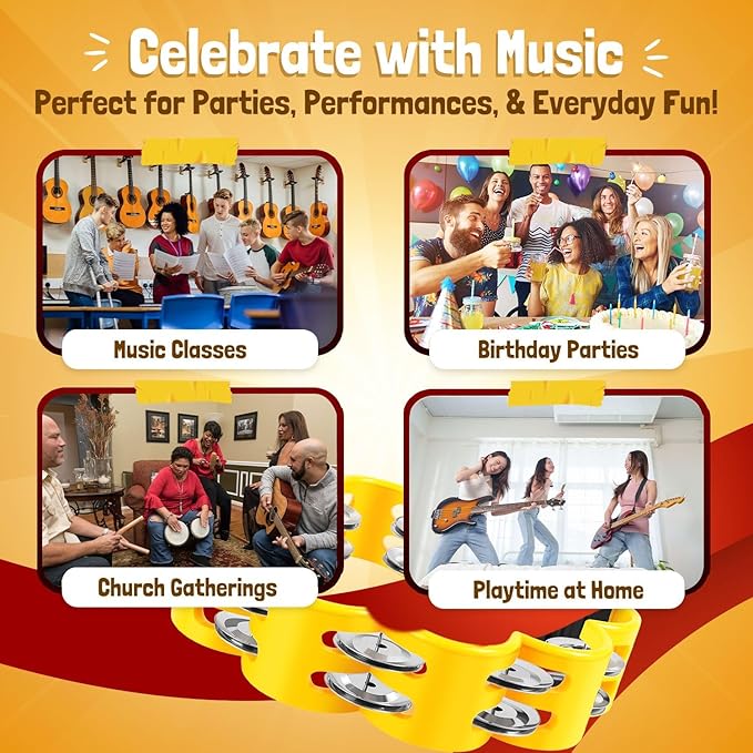 Flexzion Flower Tambourine - 8 Inch Handheld Percussion Instrument w/Metal Jingles & Ergonomic Grip - Small Tambourines for Adults, Kids, Church, Parties, & Musical Events (2 Pack - Red & Yellow)