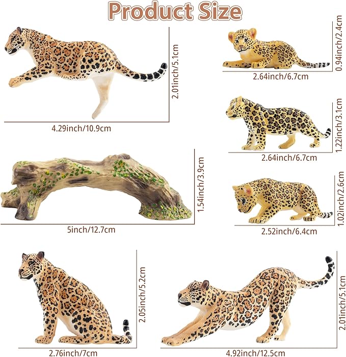 Toymany 7PCS Jaguars Figurines with Jaguars Cub and Tree Trunk, Realistic Jungle Animals Figures Family Playset, Educational Toy Cake Toppers