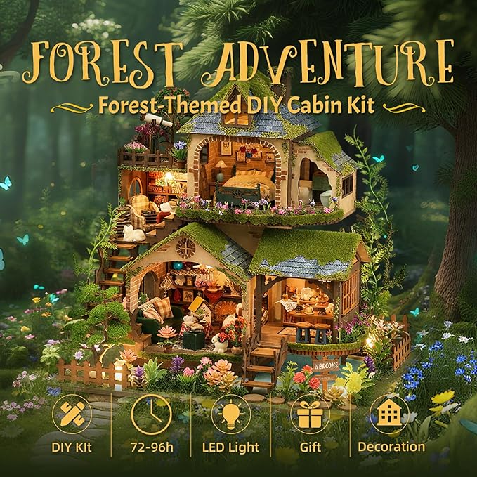DIY Miniature House Kit with LED Lights, Forest Adventure Wooden Mini House Building Kit for Adults & Teens, Creative Crafts for Women, Friends & Hobbyists