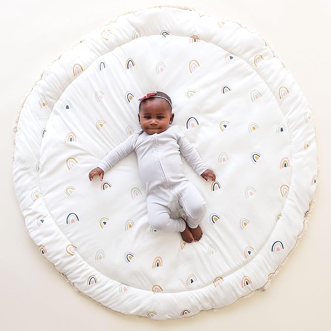 MakeMake Organics Organic Play Mat GOTS Certified Organic Cotton Nursery Floor Rug Washable Reversible Non Toxic Activity Mat Tummy Time Crawling Pad Thick Quilted (Round 48", Rainbow, White)
