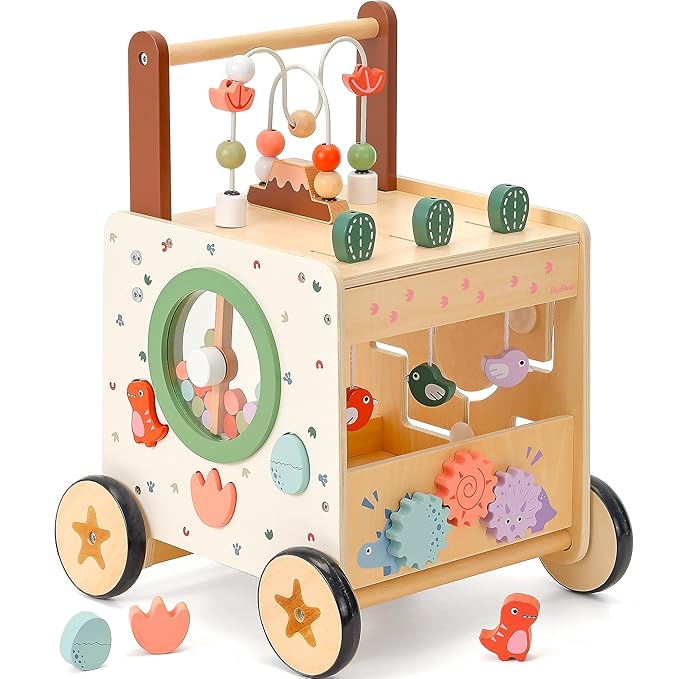 PairPear Wooden Baby Walker,6 in 1 Dinosaur Play Walker Adjustable Speed Push Cart with Brake & Shape Sorter,Natural Solid Wood Activity Center Toy for Toddlers 12M+