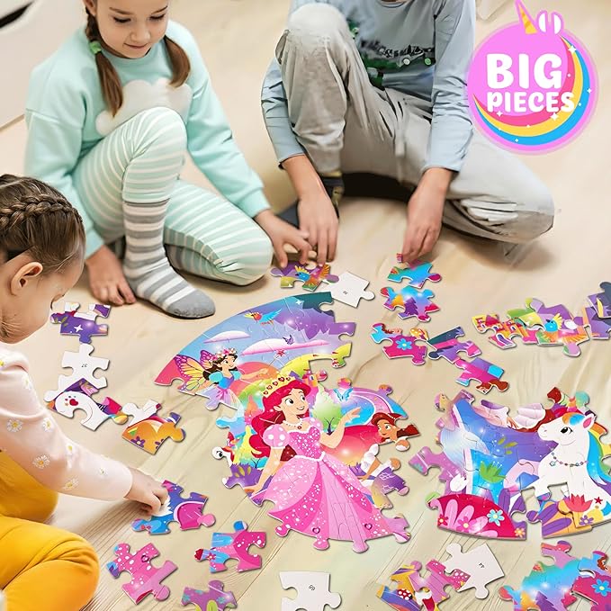 Unicorn Toys for Girls Age 4-6,70 Pcs Jumbo Floor Puzzle for Kids,Fun Educational Preschool Learning Toy Gift for Girls Boys 3 4 5 6 7 8 9 10,Easter Toys for Kid,Girl Birthday Gifts (Pink)