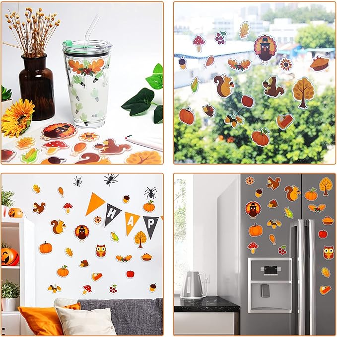40 PCS Fall Thick Gel Cling Autumn Window Gel Clings Decals Stickers for Kids, Toddlers and Adults Home Airplane Classroom Nursery Thanksgiving Party Supplies Decorations Removable and Reusable