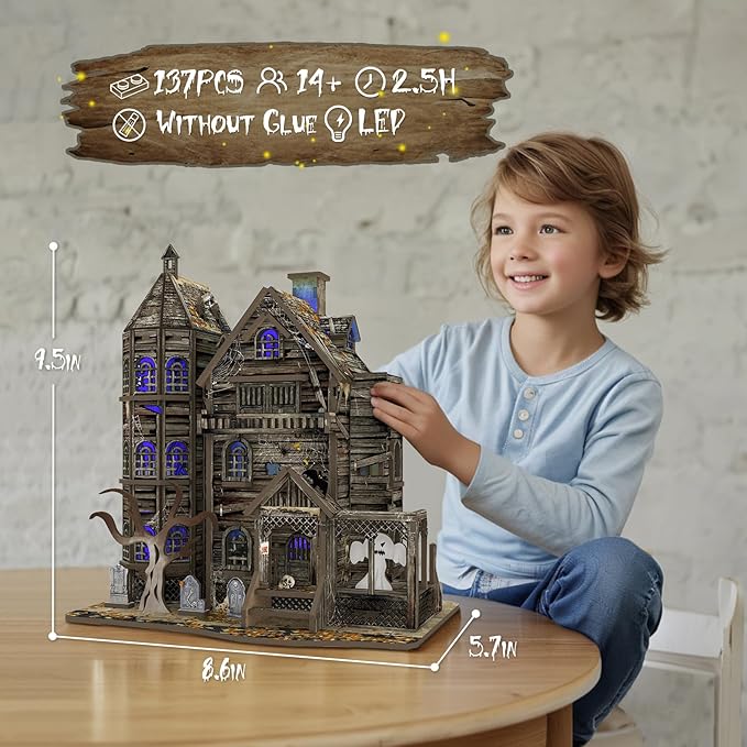 3D Wooden Puzzle Haunted House Model Set - Miniature Haunted House Kits with Led Accessories Furniture, Suitable for Adults and Teenagers to DIY Halloween Horror Doll House Craft Gifts.