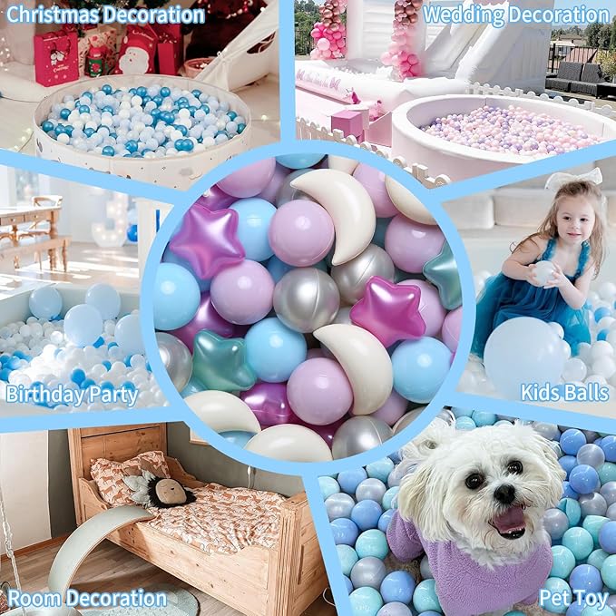GOGOSO Ball Pit Balls Stars Moon Shapes Plastic Pitballs for Toddler Play Tent Baby Photo Props Kids Pool Water Toys Kiddie Pool Party Decor,Pearl Colors Mix,100pcs