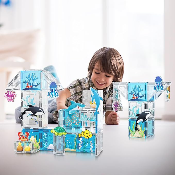 PicassoTiles Magnet Tiles Magnetic Building Blocks Aquarium Marine Animal Theme Set with 8 Character Action Figures Shark Crab Turtle STEM Toys Construction Preschool Toddlers Kids Boys Girls 3+ PTQ15