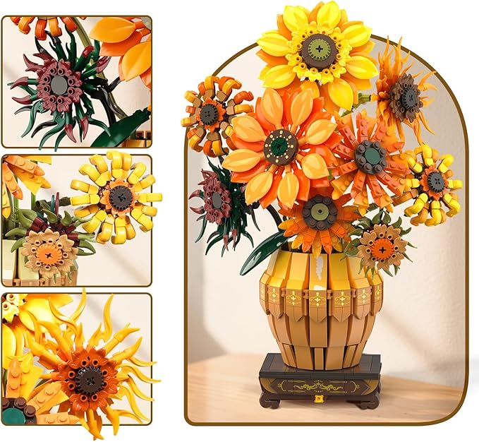 Sunflower Building Set with Lights Vase Base, Flowers Botanical Collection Building Block Home Decor, 1180PCS Art Flower Bouquet Bonsai Plant Building Kit Gift for Adults Teens Girls Boys 12+