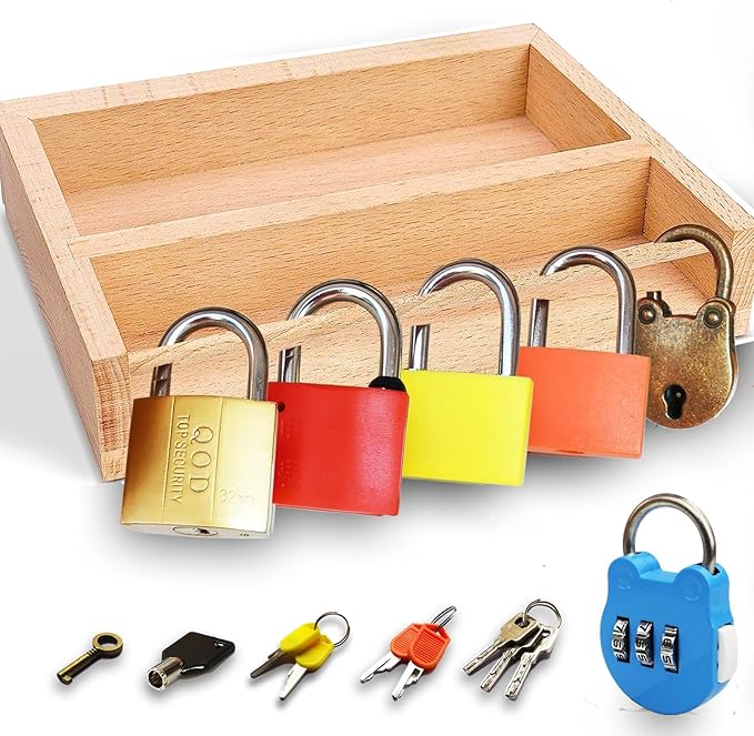 Montessori Lock and Key Toy Set for Toddlers, Educational STEM Lock Toys Matching Games Set with Wooden Tray for 3-5 Year Old Kids