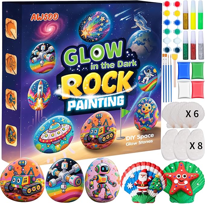 Awsoo Shell & Rock Painting Kit- Space and Rocky Glow in The Dark Arts and Crafts for Kids Ages 8 9 10 11 12, Art Supplies Craft Paint Kits, Birthday Party Gift Toy