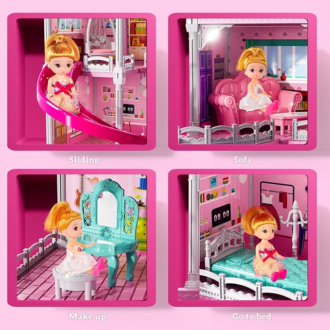 Villa Playset for Girls Ages 3-7, 3-Story 8 Room House with 2 Dolls, Furniture and Accessories, Indoor Playset Girls Toys for Ages 6-8, Pretend Toddler Toy, Birthday Gifts for Kids 4-8