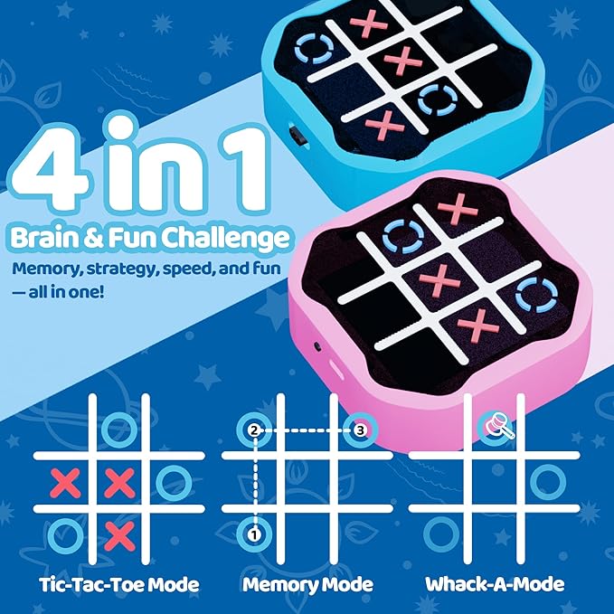 4-in-1 Rechargeable Electronic Tic Tac Toe Game – Handheld Travel Toy with Memory & Whack-a-Mole, Silent Mode, Fun for Kids & Adults, Ages 3+, Blue