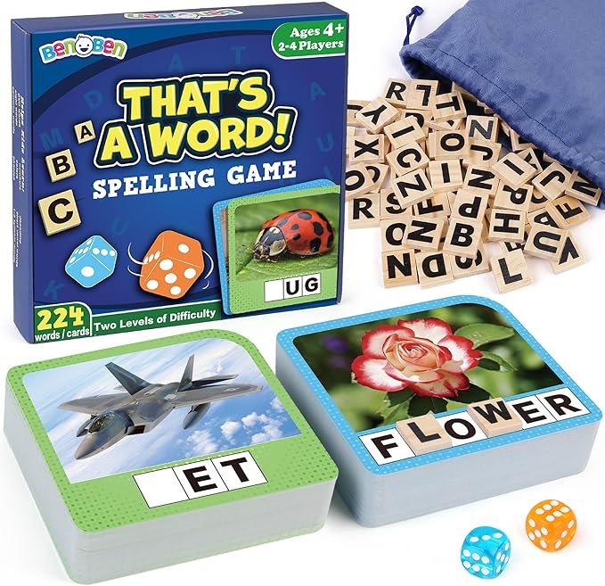 BenBen Spelling Games with 224 Flashcards, 2-4 Players, Learning Games for Kids Ages 4-8, Educational Autistic Toys for Kindergarten 1st 2nd 3rd Grade, Preschool Autism Classroom Must Haves