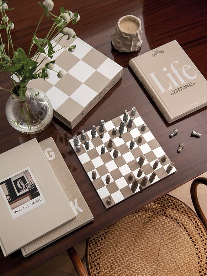 Printworks Classic – Art of Chess, Mirror – Beige & Silver Wooden Chess Set with Mirrored Acrylic Board – Stylish Coffee Table Game for Adults & Kids Ages 5+ – Multilingual Instructions Included