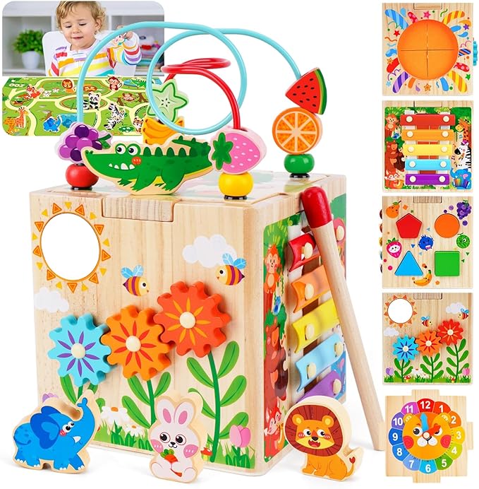 Wooden Activity Cube | Montessori Toys for 1-2 Year Old Toddlers | One Year Old 1st First Birthday Gift | Developmental Toys for 12 Months Baby Boys Girls | Bonus Sorting & Stacking Board (Blue)