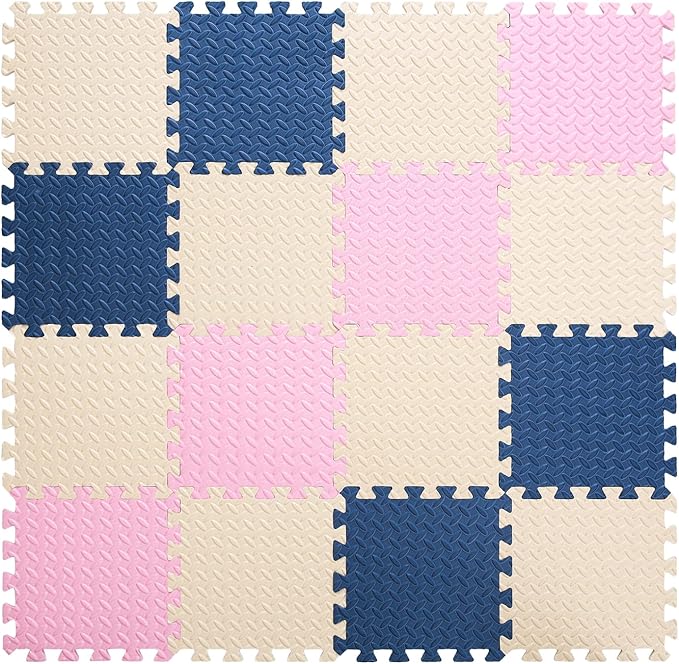 Foam Floor Mats for Kids, 12 x 12 Inch 16 Tiles 0.4" thickness Foam Play Mat, Non-Toxic Square Interlocking Floor Mats Rubber Baby Play Mat for Toddlers(Beige/Dark Blue/Pink)
