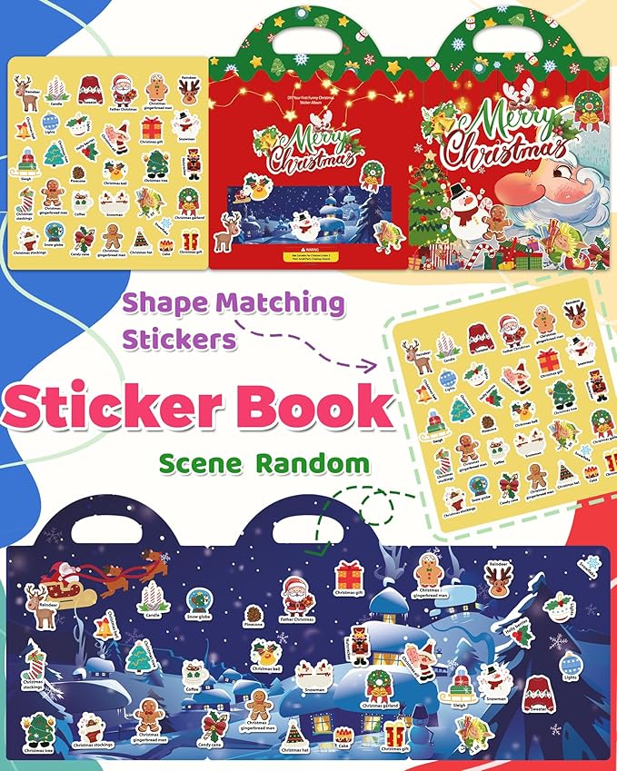 Christmas Sticker Books for Kids, Christmas Gifts Reusable Sticker Books Stocking Stuffers for Toddlers 1-3, 2-4, Travel Toys Acticities Crafts Party Favors for Boys Girls Kids