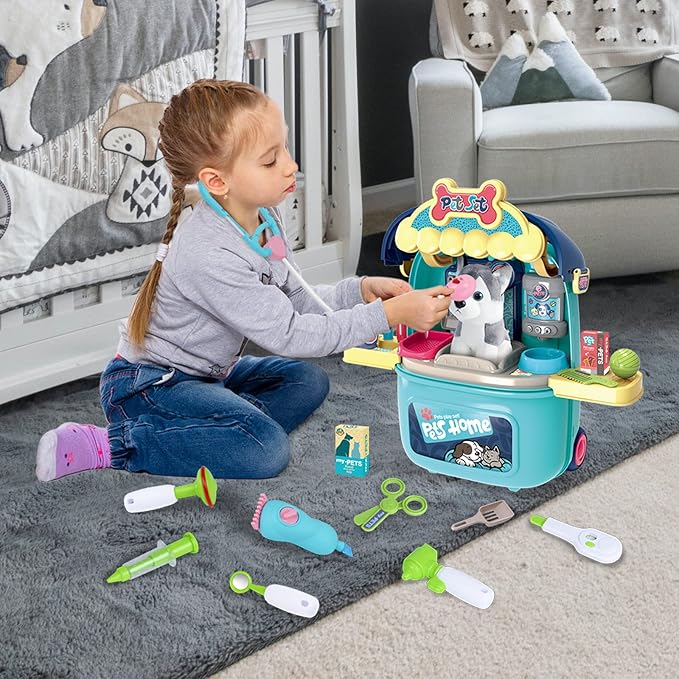 MAGIC4U Pet Cat Care Carrier Suitcase Toy, 29PCS Doctor Vet Kit for Kids, Pet Dog Grooming Feeding Toys, Veterinarian Pretend Play Set, Gifts for Boys and Girls Ages 3-12