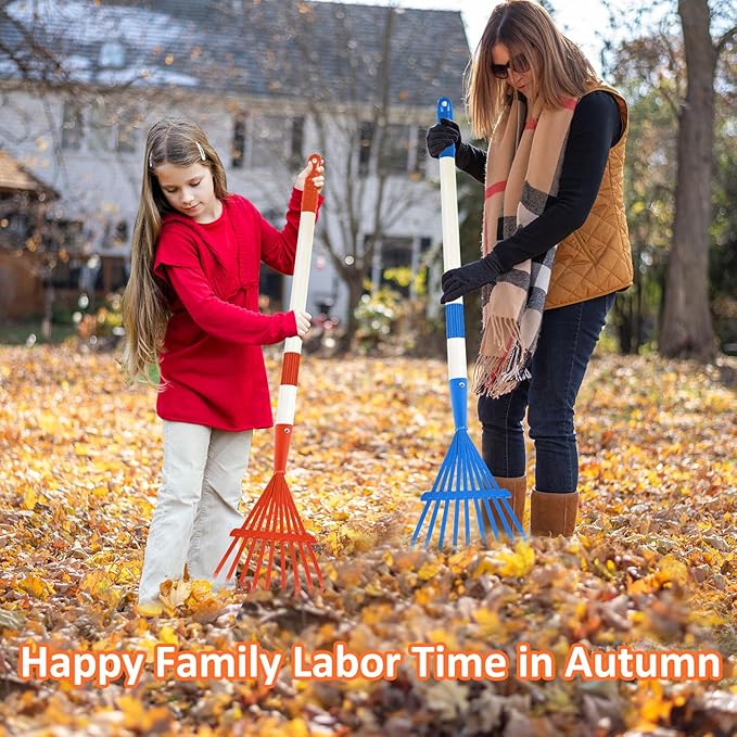 3PCS Kids Rakes for Leaves, 28" Child Size Garden Rake Childrens Yard Lawn Rakes Toddler Leaf Rake with Detachable Hardwood Handle Metal Head Great Garden Tools for Boy Girl, Blue Red Green