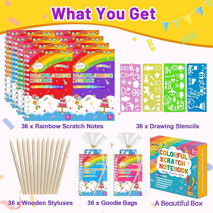 Party Favors for Kids: 36 Pack Scratch Art Notebooks with Rainbow Colors, 2-in-1 Coloring & Scratch Books, Bulk Birthday Gifts, Goodie Bags, Classroom Prizes for Boys & Girls