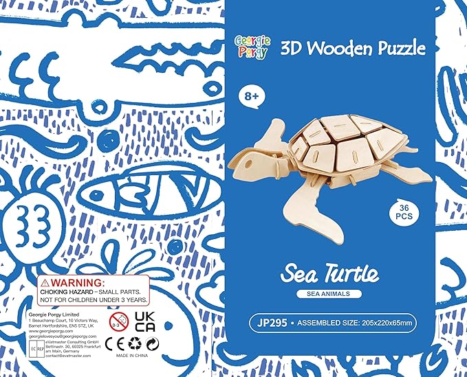 Georgie Porgy 3D Wooden Puzzles for Kids Toys Construction Woodcraft Kits DIY Model Puzzle Kits Birthday Gifts Pack of 6 (Bee Owl Butterfly Unicorn Sea Turtle Dolphin)