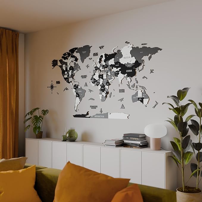 Colorfull Worlds 3D Wooden World Map Wall Art | Unique Wall Decor with Pins for Travel Enthusiasts | Home and Office Wall Décor | Grey | XLarge