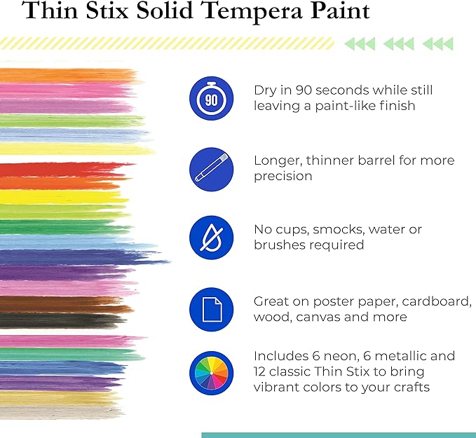 Kwik Stix Solid Tempera Paints, Thin Stix Paint Pens, Super Quick Drying, 6 Neon, 6 Metalix & 12 Classic Vibrant Colors - 24 Pack - TPG-620