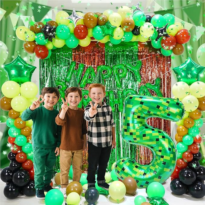 40in Pixel Giant Number 5 Balloon Birthday Decorations, Miner Theme Green Foil Balloons Blast Gaming Party Supplies