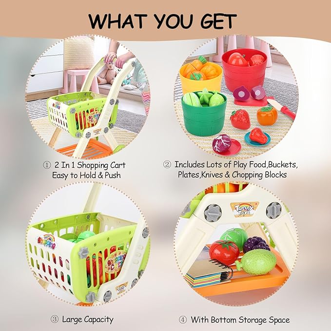 Kids Shopping Cart with Cutting Play Food Set for Kid Kitchen, 2 in 1 Shopping Cart for Kids Grocery Store Pretend Play Kitchen Accessories Sorting Food Bucket Learning Toys Gift for Toddler 3-5
