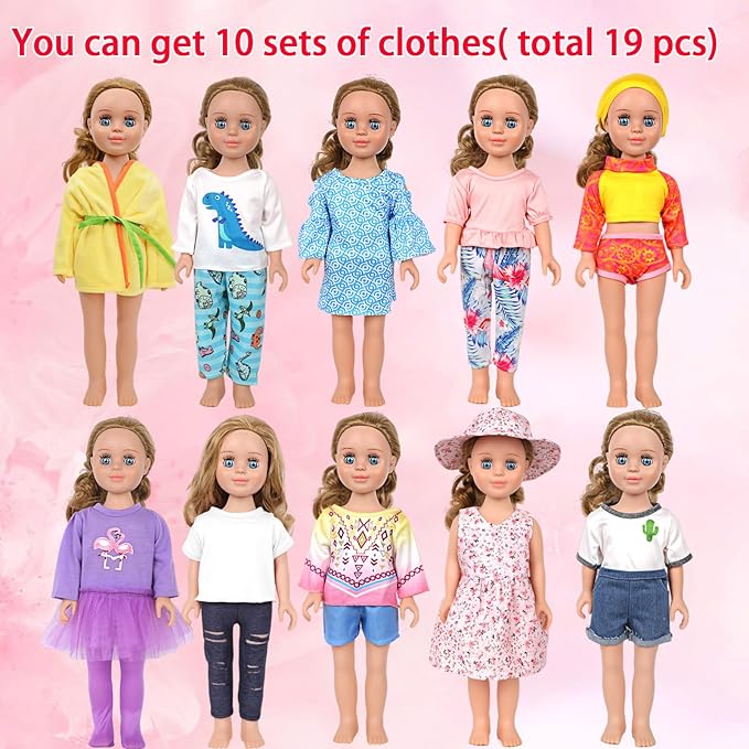 MSYO 10 Sets (19 Pcs) Doll Clothes for 17-18 Inch Dolls, Diverse Outfits (Dinosaur Print, Flamingo Top, Floral Dress) & Casual Wear, Fashion Dress-Up Set for Kids’ Play & Gifting