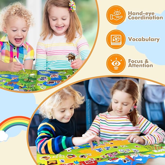 2 Sets Reusable Sticker Books for Toddlers, Jelly Sticker Activity Books, Toddler Craft Activities Toddler Travel Toys -Farm Animals, Safari