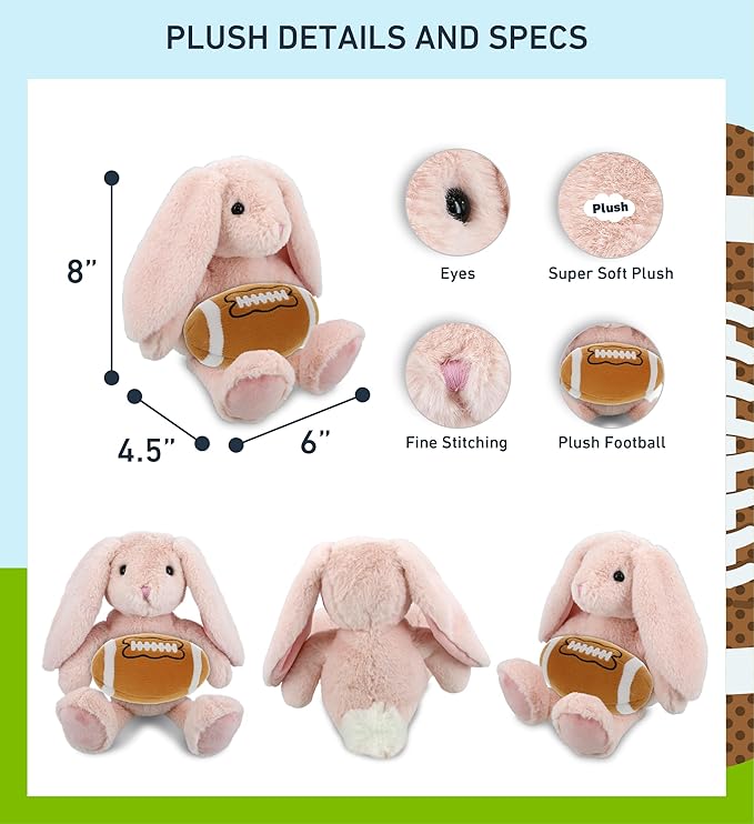DolliBu Baby Pink Rabbit Stuffed Animal with Football Plush - Soft Huggable, Playtime Plush Toy, Cute Farm Life Gift, Plush Doll Animal Toy for Kids and Adults with Name Personalization - 8 Inches
