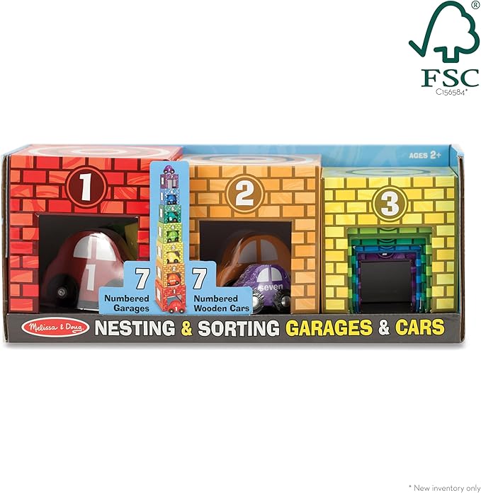 Melissa & Doug Nesting and Sorting Garages and Cars with 7 Graduated Garages and 7 Stackable Wooden Cars - FSC Certified