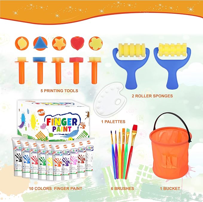 Early Learning Kids Paint Kit Washable Finger Paints with Assorted Painting Brushes Stamps Sponges Palette for Toddlers Children Crafts Drawing Gift Age 3+