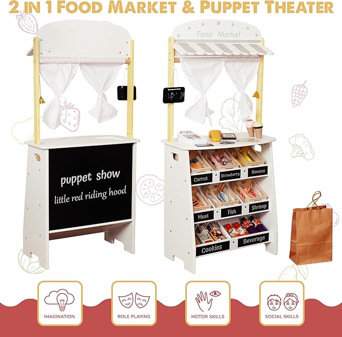 Kids Grocery Store Playset,Pretend Play Store Toy & Wooden Supermarket Shopping Cart with Toy Cash Register, Play Money&Blackboard;26PCS Food Toys Shop for 3+ year old boys girls toddler baby