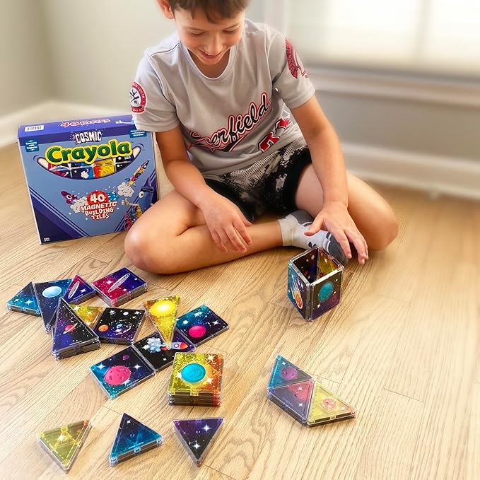 CreateOn Crayola Cosmic Magnetic Tiles, Building Set for Kids, Magnetic Building Toys for Kids, STEM Learning Toys for Boys and Girls Ages 3 and Up - 36-Pieces (Cosmic)