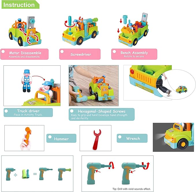 Toddler Tool Set Toy Trucks Kids Mechanic Workbench Take Apart Musical Toolbox with Electric Drill, Power Play Tools, Lights, Bump and Go Building Toy for 2 Year Old Boys