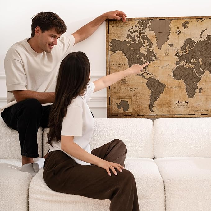 Canvas World Map with Cork Pin Board - English Lettering - Decorative Wall Decoration for All Rooms - Canvas Pictures with World Map Motif (120x80 cm, Pattern 1)