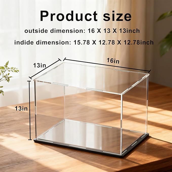 Large Acrylic Display Case for Figures, Clear Acrylic Box with Black Base for showcaseing Miniature, Toys, Collectables and Dolls 16 (L) × 13 (W) × 13 (H) inch