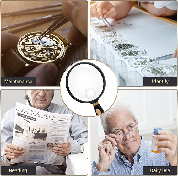 Feosky Handheld Reading Magnifier, 10X 30X Magnifier, 75mm Shatterproof Lens, Non-Slip Handle for Adults Close Work, Seniors Reading and Kids Nature Exploration, Hobby Observation(Gold)