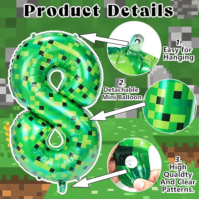 40in Pixel Giant Number 8 Balloon Birthday Decorations, Miner Theme Green Foil Balloons Blast Gaming Party Supplies