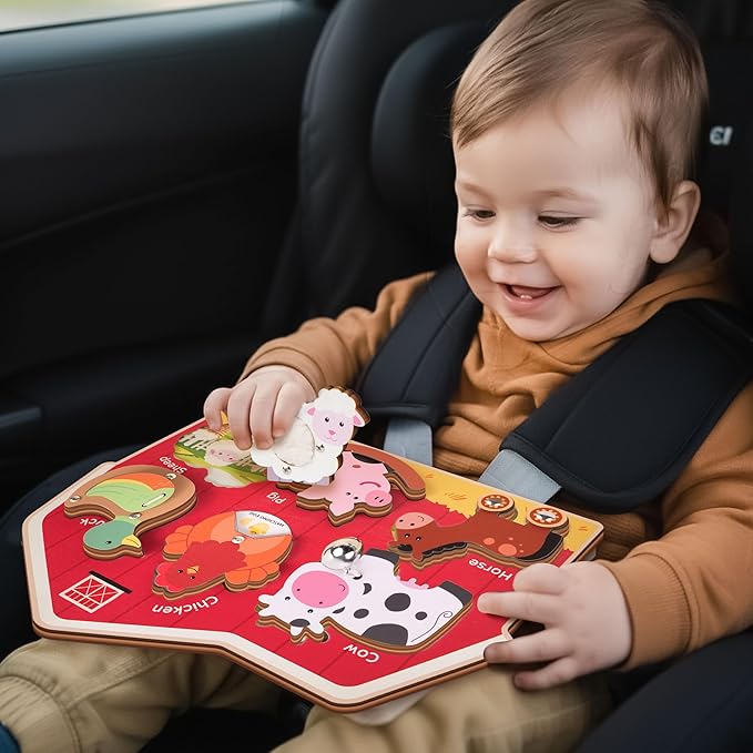 Wooden Montessori Farm Puzzles for Toddlers 1-3 – Interactive Sensory Animal Toys with Textures & Sound -Educational Puzzle & Baby Gifts for Fine Motor Skills & Autism Friendly